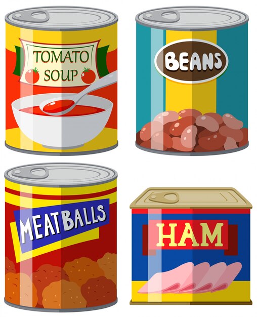 Cuatro alimentos enlatados en la ilustración de fondo blanco