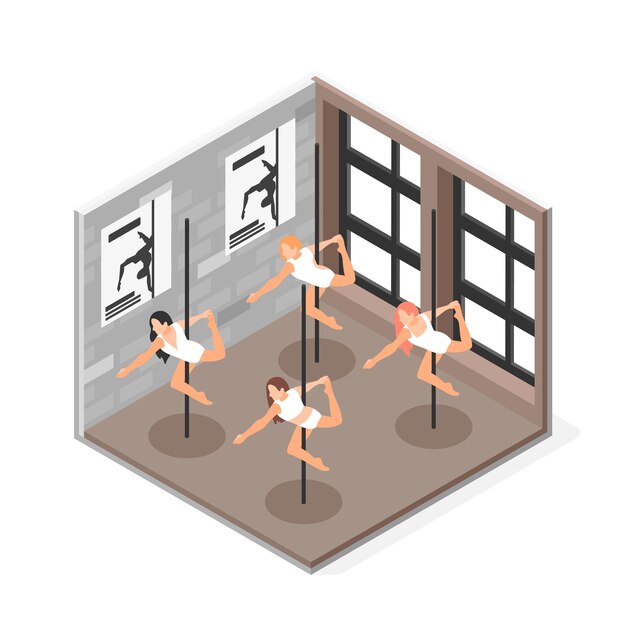 Cuatro bailarinas de barra durante el entrenamiento en la ilustración de vector de composición isométrica de la escuela de baile
