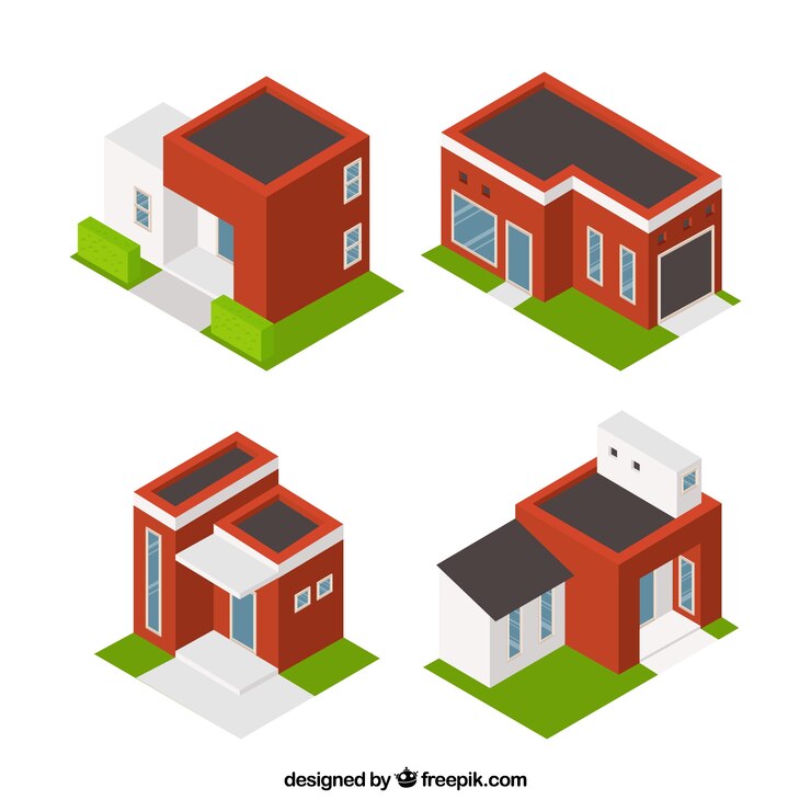 Vector gratuito cuatro casas de color rojo en diseño isométrico 