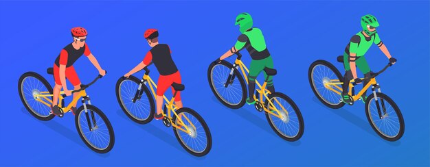 cuatro ciclistas de montaña isométricos