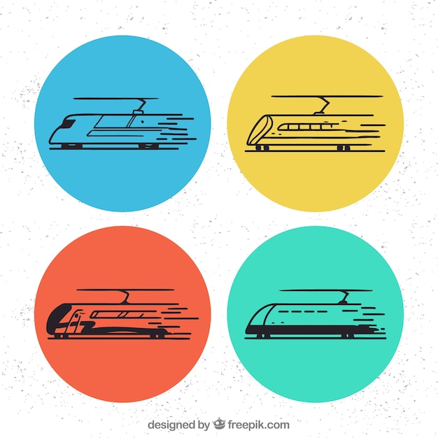 Cuatro círculos de colores con trenes abstractos