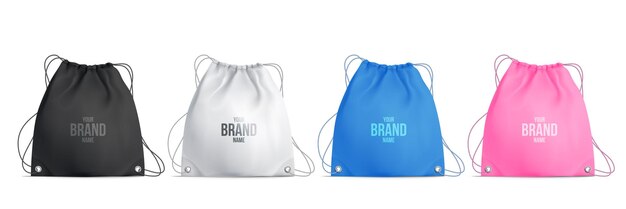 Cuatro coloridos bolsos con cordón con lugar para el conjunto de anuncios realistas de marca aislado en la ilustración de vector de fondo blanco