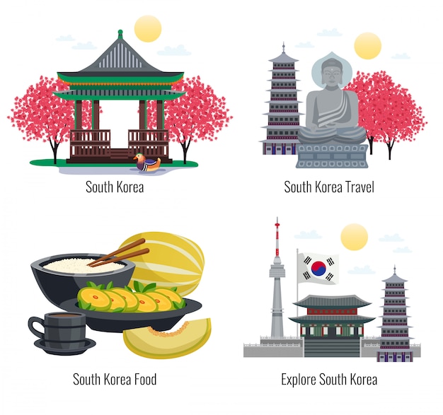 Vector gratuito cuatro composiciones turísticas de corea del sur con subtítulos de texto e imágenes de edificios de comida tradicional e ilustración conmemorativa