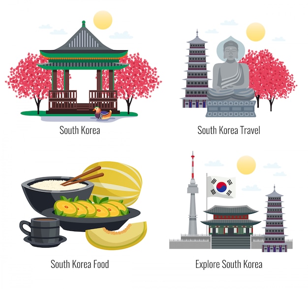 Cuatro composiciones turísticas de Corea del Sur con subtítulos de texto e imágenes de edificios de comida tradicional e ilustración conmemorativa