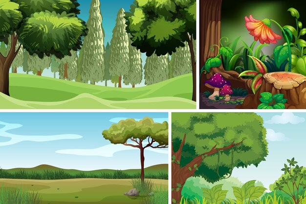 Cuatro diferentes escenas de la naturaleza del estilo de dibujos animados del bosque.
