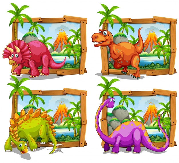 Vector gratuito cuatro dinosaurios en la ilustración de marco de madera