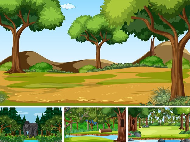 Cuatro escenas de bosque con muchos árboles.