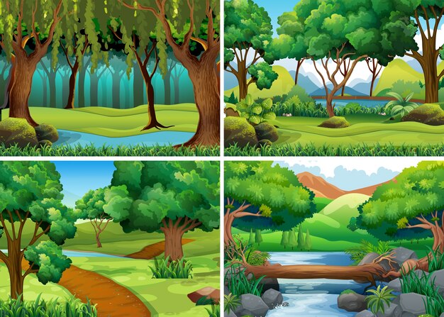 Cuatro escenas de bosque y río