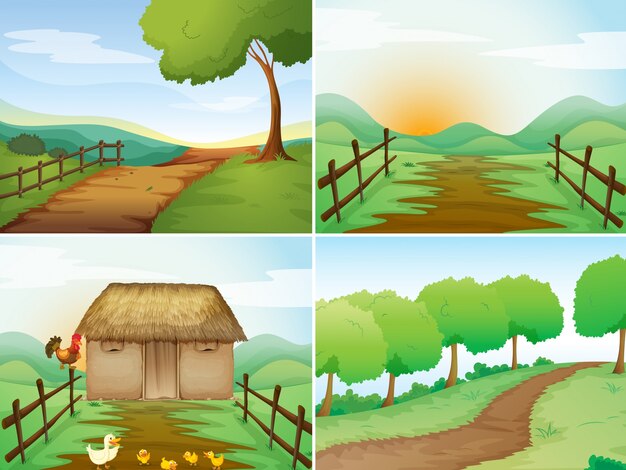 Cuatro escenas de campo con cabaña y senderos