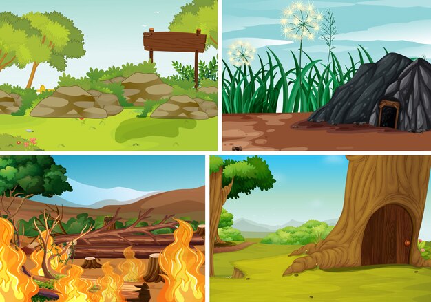 Cuatro escenas de desastres naturales diferentes del estilo de dibujos animados del bosque.