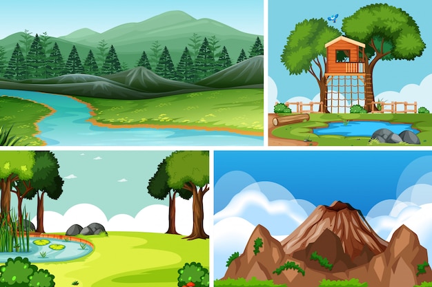 Cuatro escenas diferentes en estilo de dibujos animados de entorno natural.