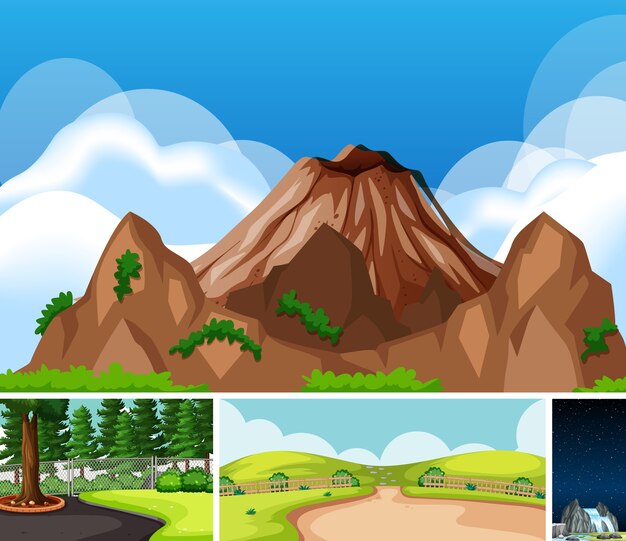 Vector gratuito cuatro escenas diferentes en estilo de dibujos animados de entorno natural.