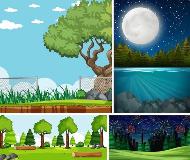 Cuatro escenas diferentes en estilo de dibujos animados de entorno natural.