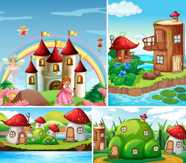 Cuatro escenas diferentes del mundo de fantasía con hermosas hadas en el cuento de hadas y castillo con arcoiris, casa de fantasía y casa de hongos