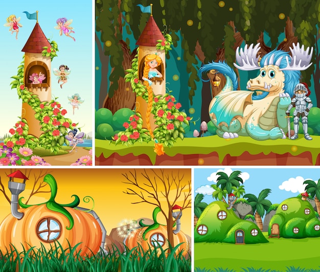 Cuatro escenas diferentes del mundo de fantasía con hermosas hadas en el cuento de hadas y el dragón con el caballero y la casa de calabaza.