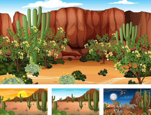 Cuatro escenas diferentes de paisaje de bosque desértico con animales y plantas.