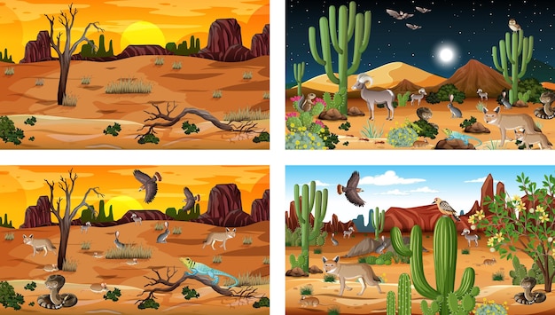 Cuatro escenas diferentes de paisaje de bosque desértico con animales y plantas.