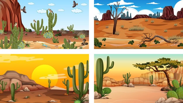 Cuatro escenas diferentes de paisaje de bosque desértico con animales y plantas.