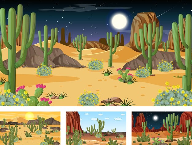 Vector gratuito cuatro escenas diferentes de paisaje de bosque desértico con varias plantas del desierto