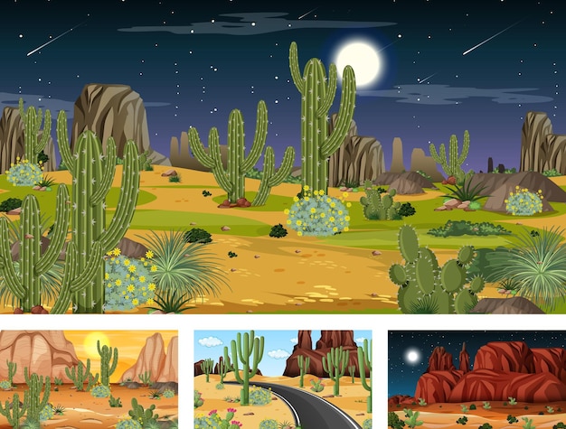 Cuatro escenas diferentes de paisaje de bosque desértico con varias plantas del desierto