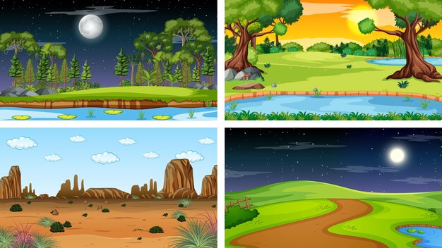 Cuatro escenas diferentes del parque natural y el bosque.