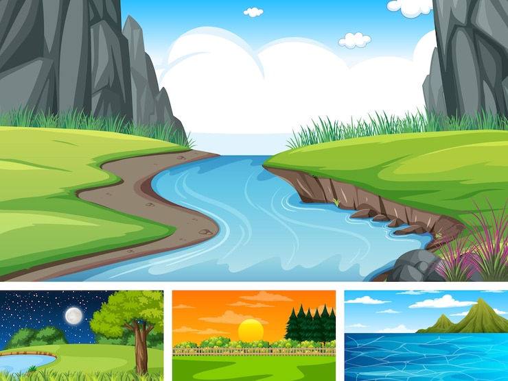 Vector gratuito cuatro escenas diferentes del parque natural y el bosque.