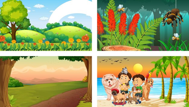 Cuatro escenas diferentes con personaje de dibujos animados de niños.