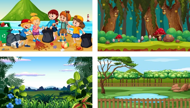 Cuatro escenas diferentes con personaje de dibujos animados de niños.