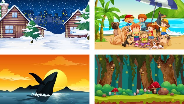 Cuatro escenas diferentes con personajes de dibujos animados para niños.