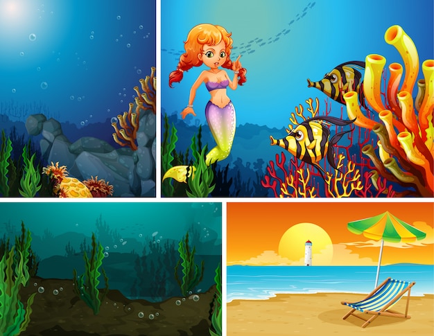 Cuatro escenas diferentes de playa tropical y sirena bajo el agua con estilo de dibujos animados de crema marina