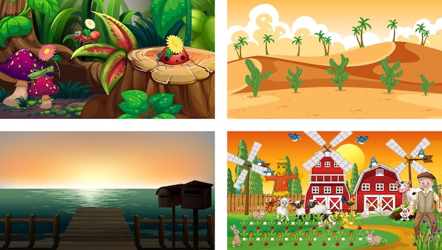 Cuatro escenas diferentes con varios personajes de dibujos animados de animales.