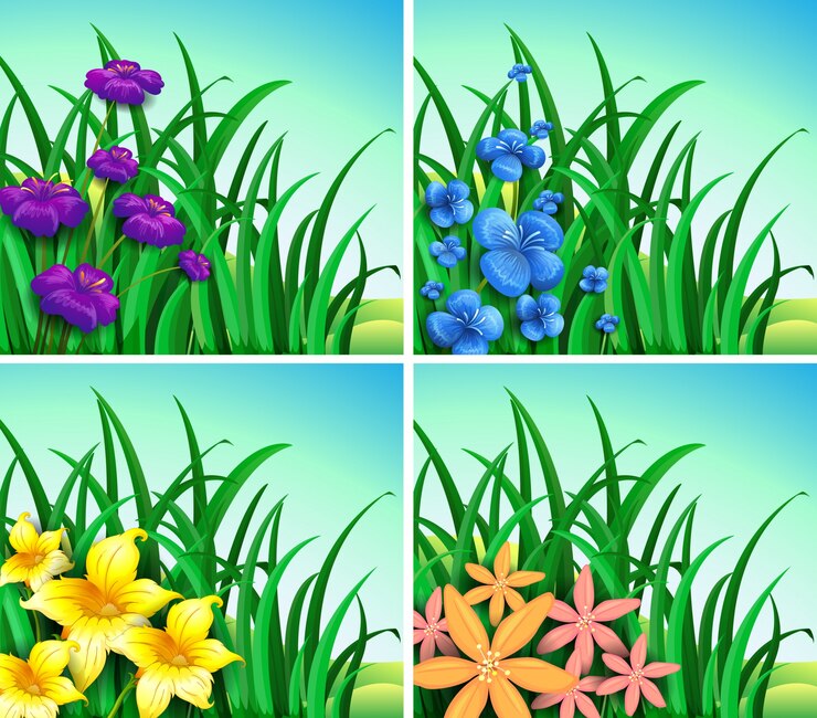 Vector gratuito cuatro escenas de flores y hierba ilustración