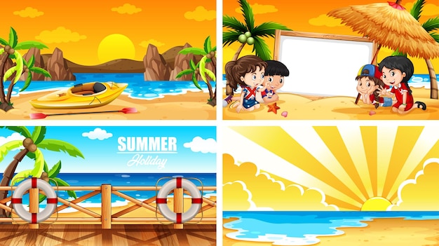 Vector gratuito cuatro escenas de fondo con verano en la playa.