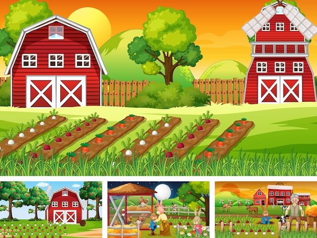 Cuatro escenas de granja diferentes con animales.