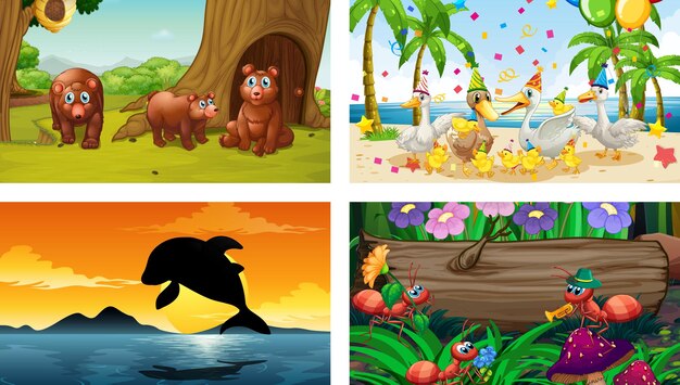 Cuatro escenas horizontales de naturaleza diferente con varios animales.