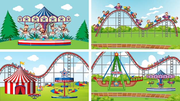 Vector gratuito cuatro escenas con muchas atracciones en la feria.