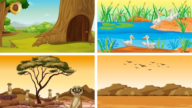 Vector gratuito cuatro escenas de la naturaleza con animales.