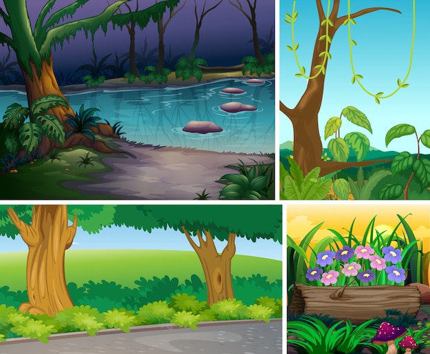 Cuatro escenas de naturaleza diferente de estilo de dibujos animados de bosque y pantano