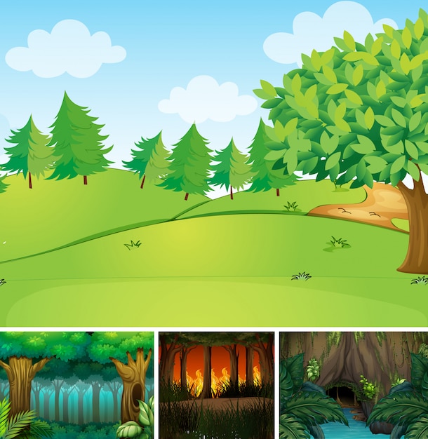 Cuatro escenas de naturaleza diferente de estilo de dibujos animados de bosque y pantano