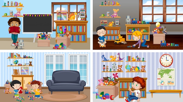 Vector gratuito cuatro escenas con niños jugando en diferentes habitaciones.