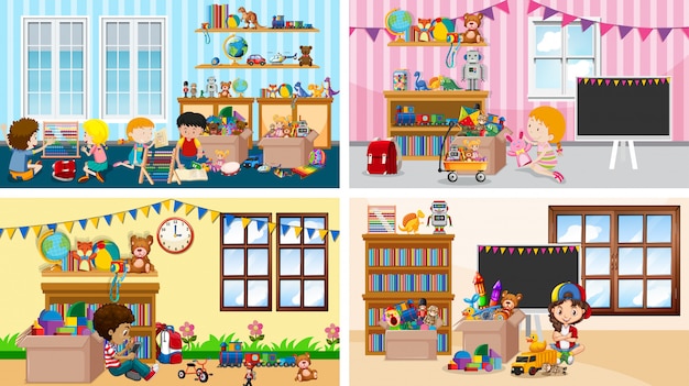 Vector gratuito cuatro escenas con niños jugando en diferentes habitaciones.