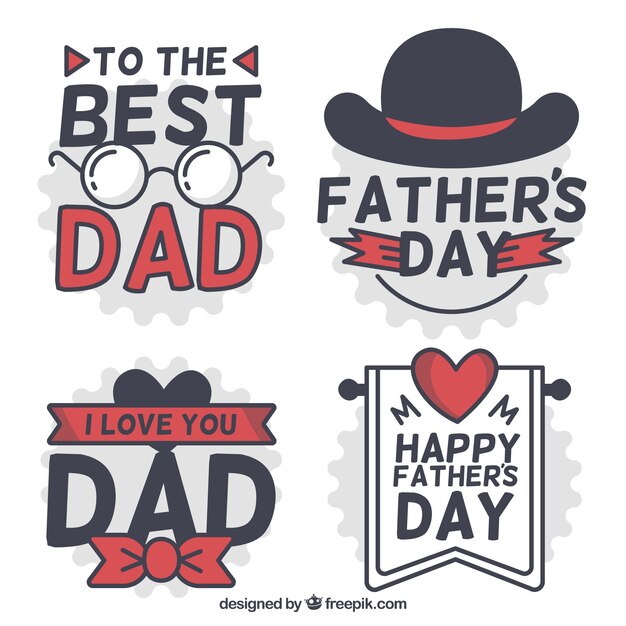 Cuatro etiquetas decorativas con elementos rojos para el día del padre