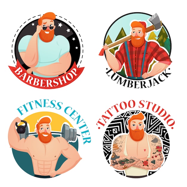 Vector gratuito cuatro etiquetas con iconos de hombres brutales