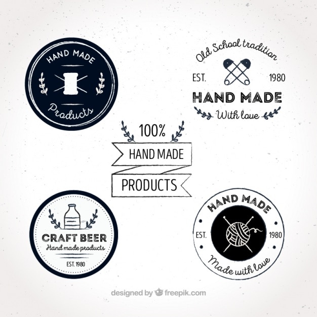 Cuatro etiquetas sobre oficios artesanales, dibujadas a mano