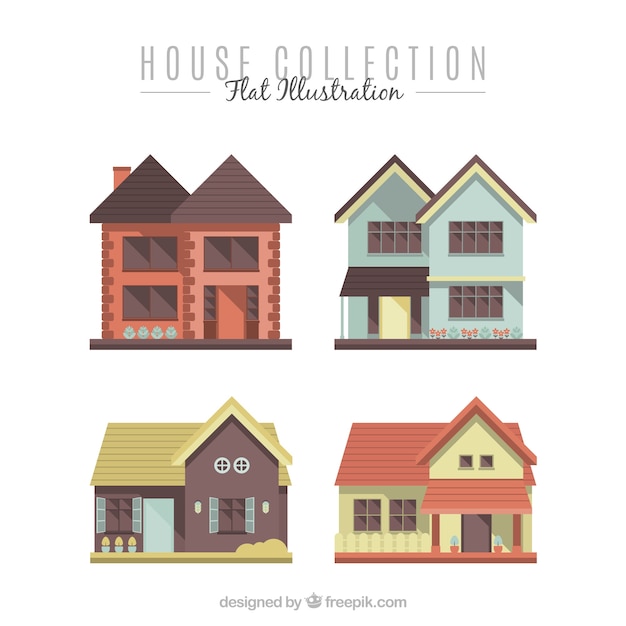 Cuatro fachadas de casas modernas en diseño plano