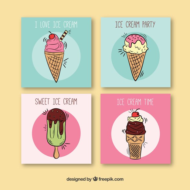 Cuatro fantásticas tarjetas con helados dibujados a mano