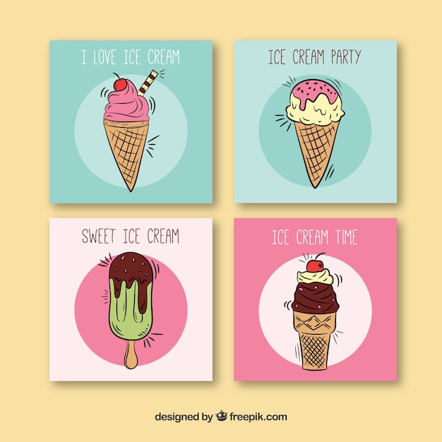 Cuatro fantásticas tarjetas con helados dibujados a mano