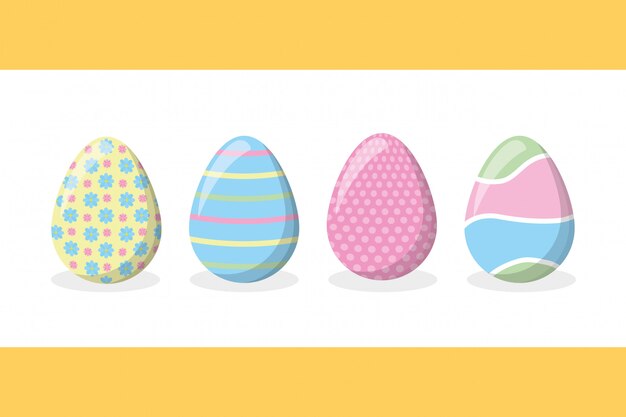 Cuatro felices huevos de pascua con colores pastel