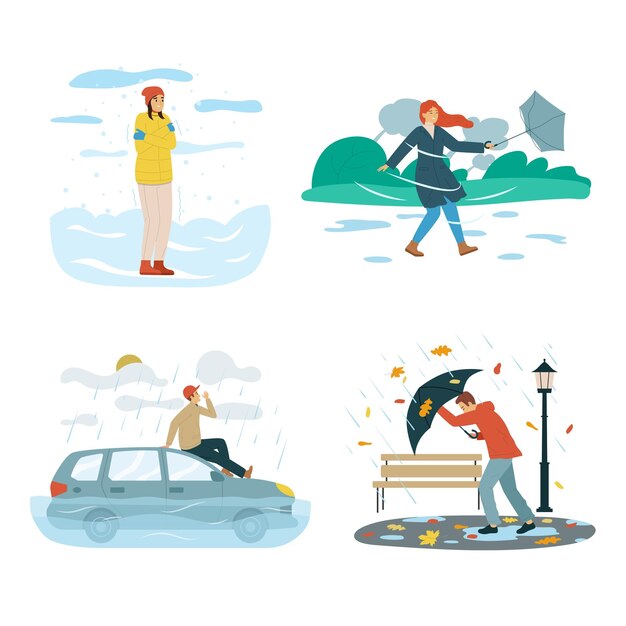 Cuatro iconos planos de personas con mal tiempo establecen vientos fuertes y lluvia que crean obstáculos para la ilustración de vectores de personas