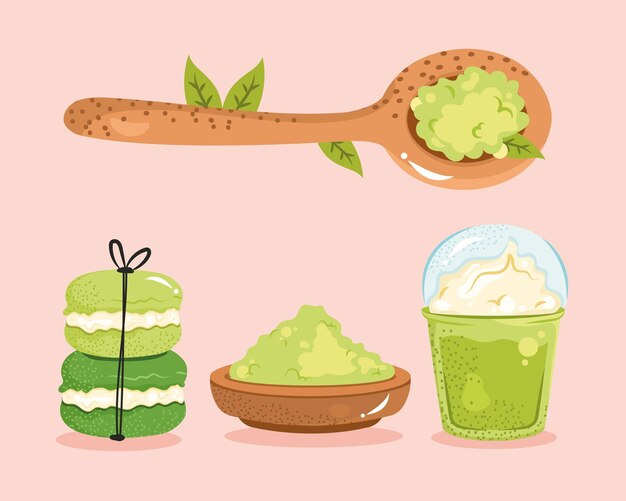 Cuatro iconos de té matcha